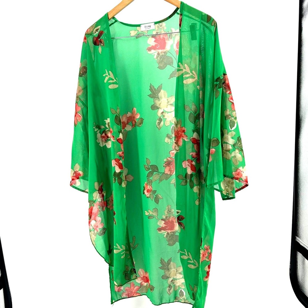 Bluivy Green Floral Print Sheer Chiffon Kimono Cardigan Swim Suit Coverup M/L - Picture 2 of 4